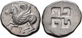 CORINTHIA. Corinth. Circa 550-500 BC. Stater (Silver, 21 mm, 8.73 g). Ϙ Pegasos flying left. Rev. Quadripartite incuse square with swastika pattern. B...