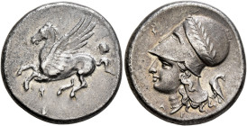 CORINTHIA. Corinth. Circa 375-300 BC. Stater (Silver, 21 mm, 8.58 g, 6 h). Pegasos flying left; below, Ϙ. Rev. Head of Athena to left, wearing laureat...