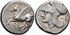 CORINTHIA. Corinth. Circa 375-300 BC. Stater (Silver, 20 mm, 8.62 g, 1 h). Pegasos flying left; below, Ϙ. Rev. Head of Athena to left, wearing laureat...