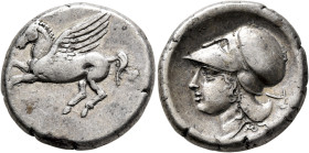 CORINTHIA. Uncertain colony. Circa 300 BC. Stater (Silver, 21 mm, 8.52 g, 11 h). Pegasos flying left. Rev. Head of Athena to left, wearing Corinthian ...