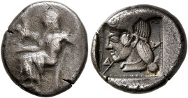 ARKADIA, Arkadian League. Circa 480-470 BC. Hemidrachm (Silver, 14 mm, 2.81 g, 6 h), Mantineia mint. Zeus Lykaios seated left, holding eagle alighting...