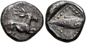 ARKADIA. Psophis. Circa 460-440 BC. Trihemiobol (Silver, 10 mm, 1.21 g). The Keryneian Hind running right. Rev. Fish swimming right within dotted squa...