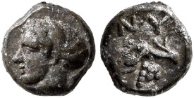 CIMMERIAN BOSPOROS. Nymphaion. Circa 400 BC. Hemiobol (Silver, 6 mm, 0.33 g, 12 h). Head of a nymph to left, her hair bound in sakkos. Rev. ΝΥ Bunch o...
