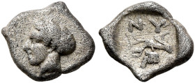 CIMMERIAN BOSPOROS. Nymphaion. Circa 400 BC. Hemiobol (Silver, 8 mm, 0.36 g, 5 h). Head of a nymph to left, her hair bound in sakkos. Rev. ΝΥ Bunch of...