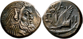 CIMMERIAN BOSPOROS. Pantikapaion. Circa 310-304/3 BC. AE (Bronze, 22 mm, 7.29 g, 12 h). Bearded head of a Satyr to right. Rev. Π-A-N Forepart of a gri...
