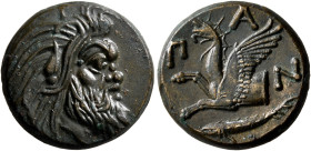 CIMMERIAN BOSPOROS. Pantikapaion. Circa 310-304/3 BC. AE (Bronze, 20 mm, 6.66 g, 12 h). Bearded head of a Satyr to right. Rev. Π-A-N Forepart of a gri...