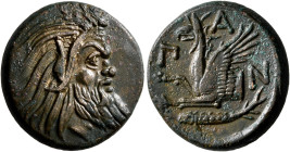 CIMMERIAN BOSPOROS. Pantikapaion. Circa 310-304/3 BC. AE (Bronze, 22 mm, 7.04 g, 12 h). Bearded head of a Satyr to right. Rev. Π-A-N Forepart of a gri...
