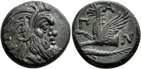 CIMMERIAN BOSPOROS. Pantikapaion. Circa 310-304/3 BC. AE (Bronze, 20 mm, 7.22 g, 11 h). Bearded head of a Satyr to right. Rev. Π-A-N Forepart of a gri...