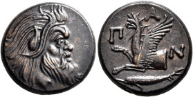 CIMMERIAN BOSPOROS. Pantikapaion. Circa 310-304/3 BC. AE (Bronze, 21 mm, 7.83 g, 12 h). Bearded head of a Satyr to right. Rev. Π-A-N Forepart of griff...