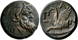 CIMMERIAN BOSPOROS. Pantikapaion. Circa 310-304/3 BC. AE (Bronze, 20 mm, 7.36 g, 11 h). Bearded head of a Satyr to right. Rev. Π-A-N Forepart of a gri...