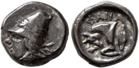 CIMMERIAN BOSPOROS. Phanagoreia. Circa 390 BC. Diobol (Silver, 9 mm, 1.18 g, 9 h). Head of a young Kabeiros to left, wearing laureate conical cap. Rev...