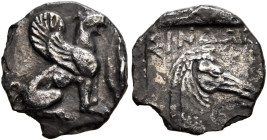CIMMERIAN BOSPOROS. The Sindoi. Circa 400 BC. Diobol (Silver, 12 mm, 0.97 g, 9 h). Griffin seated right; to right, barley grain. Rev. ΣΙΝΔΩΝ Head of a...
