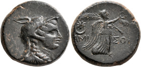 PONTOS. Amisos. Time of Mithradates VI Eupator, circa 85-65 BC. Tetrachalkon (Orichalcum, 19 mm, 7.14 g, 11 h). Draped bust of an Amazon to right, wea...