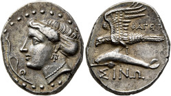 PAPHLAGONIA. Sinope. Circa 330-300 BC. Drachm (Silver, 20 mm, 6.08 g, 5 h), Phaget..., magistrate. Head of the nymph Sinope to left, her hair bound in...