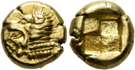 BITHYNIA. Herakleia Pontika. Circa 530-520 BC. Hekte (Electrum, 11 mm, 2.50 g, 12 h). Head of Herakles to left, wearing lion skin headdress. Rev. Quad...