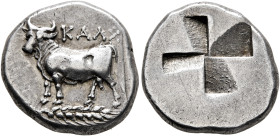 BITHYNIA. Kalchedon. Circa 340-320 BC. Siglos (Silver, 17 mm, 5.34 g), Persic standard. KAΛX Bull standing left on grain ear. Rev. Quadripartite incus...
