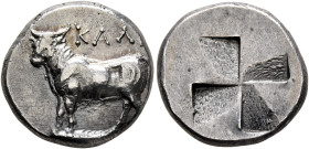 BITHYNIA. Kalchedon. Circa 340-320 BC. Siglos (Silver, 18 mm, 5.35 g), Persic standard. KAΛ[X] Bull standing left on grain ear. Rev. Quadripartite inc...