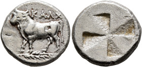 BITHYNIA. Kalchedon. Circa 340-320 BC. Siglos (Silver, 16 mm, 4.51 g, 1 h), Persic standard. KAΛX Bull standing left on grain ear. Rev. Quadripartite ...