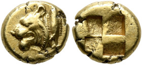MYSIA. Kyzikos. Circa 550-500 BC. Hemihekte – 1/12 Stater (Electrum, 9 mm, 1.37 g). Head of a lion to left; to right, tunny. Rev. Quadripartite incuse...