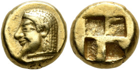 MYSIA. Kyzikos. Circa 550-500 BC. Hekte (Electrum, 10 mm, 2.64 g). Bearded male head to left; below, tunny fish to left. Rev. Quadripartite incuse squ...