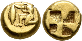 MYSIA. Kyzikos. Circa 550-450 BC. Hekte (Electrum, 10 mm, 2.64 g). Nude male kneeling left, holding a tunny fish by the tail in his extended right han...