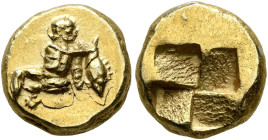 MYSIA. Kyzikos. Circa 500-450 BC. Hekte (Electrum, 11 mm, 2.73 g, 12 h). Infant Herakles (?), nude, seated facing, head turned to right, propping hims...