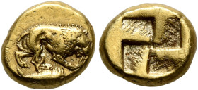 MYSIA. Kyzikos. Circa 500-450 BC. Hemihekte – 1/12 Stater (Electrum, 9 mm, 1.30 g). Lion to right, gnawing on leg of prey; below, tunny to right. Rev....