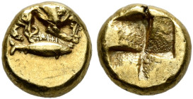 MYSIA. Kyzikos. Circa 500-450 BC. Myshemihekte – 1/24 Stater (Electrum, 6 mm, 0.66 g). Lion to right, gnawing on leg of prey; below, tunny to right. R...