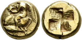 MYSIA. Kyzikos. Circa 450-330 BC. Hekte (Electrum, 10 mm, 2.63 g). Eros crouching to left on the back of a sacrificial ram lying left, holding its hea...