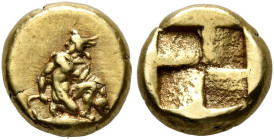 MYSIA. Kyzikos. 5th-4th centuries BC. Hemihekte – 1/12 Stater (Electrum, 8 mm, 1.32 g). Perseus, nude but for cloak tied around neck, kneeling to righ...