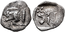 MYSIA. Kyzikos. Circa 450-400 BC. Hemiobol (Silver, 10 mm, 0.38 g, 9 h). Forepart of a boar to left; to right, tunny upward. Rev. Head of a lion to le...