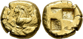 MYSIA. Lampsakos. Circa 500-450 BC. Stater (Electrum, 20 mm, 15.27 g, 11 h). Forepart of Pegasos to left, surrounded by a grapevine. Rev. Quadripartit...