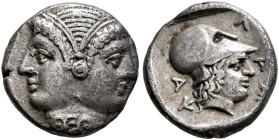 MYSIA. Lampsakos. 4th-3rd century BC. Diobol (Silver, 10 mm, 1.32 g, 10 h). Janiform female head; on neck, ΘEO. Rev. ΛAM-ΨA Head of Athena to right, w...