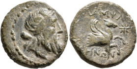 MYSIA. Lampsakos. Circa 190-85 BC. AE (Bronze, 20 mm, 8.12 g, 4 h). Head of Priapos to right, wearing wreath of ivy. Rev. ΛΑΜΨΑ/ΚΗΝΩΝ Forepart of pega...