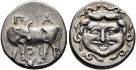 MYSIA. Parion. 4th century BC. Hemidrachm (Silver, 14 mm, 2.41 g, 12 h). ΠA/PI Bull standing left, head right; below, bucranium. Rev. Gorgoneion facin...