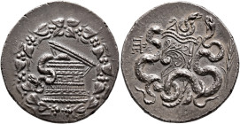 MYSIA. Pergamon. Circa 166-67 BC. Cistophorus (Silver, 28 mm, 12.63 g, 12 h), circa 160-150. Cista mystica from which snake coils; around, ivy wreath ...
