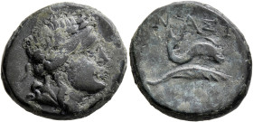 ISLANDS OFF MYSIA, Nasos. 3rd century BC. AE (Bronze, 20 mm, 9.36 g, 12 h). Laureate head of Apollo to right. Rev. NAΣI Dolphin right; below, palm fro...