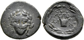 TROAS. Alexandreia. Circa 164-135 BC. AE (Bronze, 18 mm, 3.80 g, 12 h). Facing laureate head of Apollo. Rev. A-LE-ΞA-N Lyre; all within laurel wreath....