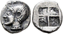 TROAS. Gargara. 5th century BC. Obol (Silver, 7 mm, 0.55 g, 1 h). ΓΑΡ Female head to left, wearing helmet or close fitting cap. Rev. Quadripartite inc...