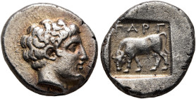 TROAS. Gargara. 4th century BC. Drachm (Silver, 15 mm, 3.05 g, 12 h). Bare head of Apollo to right. Rev. ΓΑΡΓ Bull grazing left; all within incuse squ...