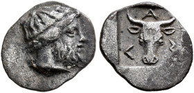 TROAS. Lamponeia. Late 5th-early 4th centuries BC. Obol (Silver, 9 mm, 0.47 g, 12 h). Bearded head of Dionysos to right. Rev. Λ-A-M Facing bull's head...