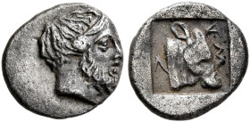 TROAS. Lamponeia. Late 5th-early 4th centuries BC. Obol (Silver, 8 mm, 0.49 g, 10 h). Head of Dionysos to right, wearing wreath of ivy and fruit. Rev....