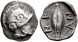 TROAS. Neandria. 4th century BC. Trihemiobol (Silver, 8 mm, 0.43 g, 9 h). Helmet to right. Rev. NE-AN Barley grain; all within incuse square. BMC 3. L...