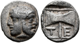 ISLANDS OFF TROAS, Tenedos. Circa 450-387 BC. Obol (Silver, 8 mm, 0.54 g, 7 h). Janiform head of Hera on the left and Zeus on the right. Rev. Τ-Ε Doub...