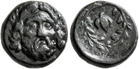 AEOLIS. Autokane. 4th century BC. Chalkous (Bronze, 12 mm, 2.57 g, 12 h). Facing laureate head of Zeus. Rev. [AYTOKA] Barley grain within wreath. SNG ...