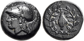 AEOLIS. Elaia. Circa 340-300 BC. AE (Bronze, 11 mm, 1.64 g, 11 h). Head of Athena to left, wearing crested Corinthian helmet. Rev. E-Λ Grain seed with...