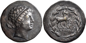 AEOLIS. Kyme. Circa 155-143 BC. Tetradrachm (Silver, 32 mm, 16.00 g, 12 h), Kallias, magistrate. Diademed head of the Amazon Kyme to right. Rev. KYMAI...