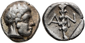 LESBOS. Antissa. 400 BC. Obol (Silver, 8 mm, 0.64 g, 9 h). Head of a sub-Saharan African (?) to right. Rev. A-N Club upwards; all within diamond-shape...