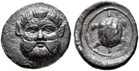 LESBOS. Methymna. Circa 350/30-250/40 BC. Hemiobol (Silver, 8 mm, 0.40 g, 11 h). Facing head of Silenos. Rev. Tortoise within circular border; all wit...