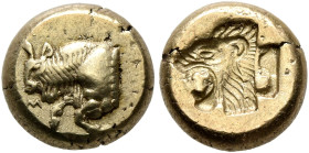 LESBOS. Mytilene. Circa 560-522 BC. Hekte (Electrum, 9 mm, 2.55 g, 10 h). M Forepart of a charging bull to left. Rev. Incuse head of a roaring lion to...